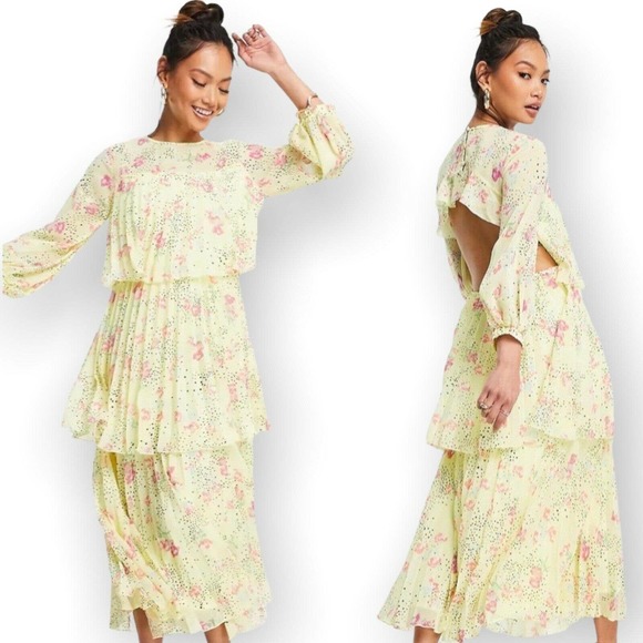 ASOS Dresses & Skirts - ASOS Design Pleated Tiered Midi Dress in Yellow Ditzy Floral Print US Size 10